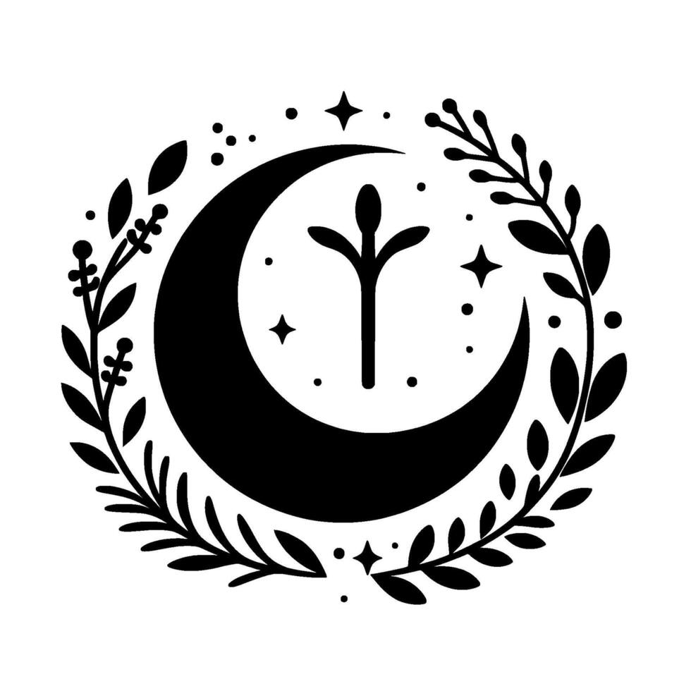 A stylized black and white emblem featuring a crescent moon, central sprig, stars, and floral wreath, evoking themes of nature, spirituality, and celestial beauty. vector