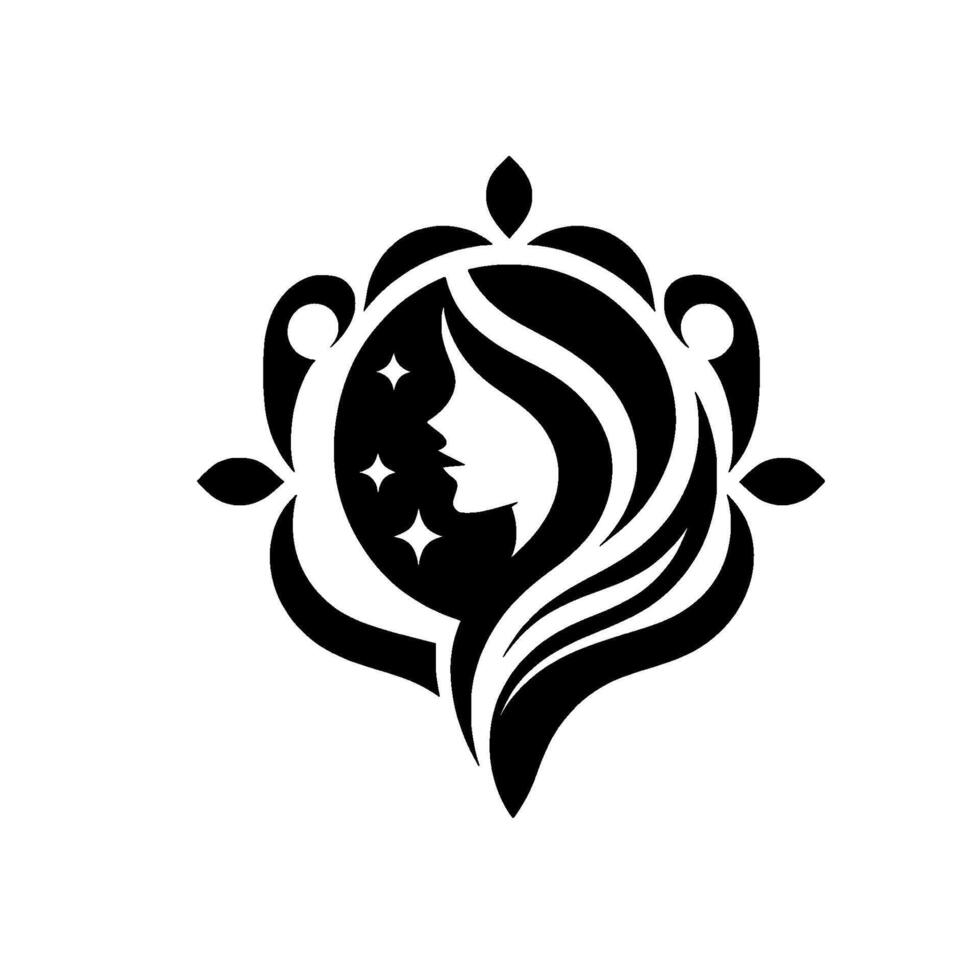 Elegant black and white a womans profile framed by ornamental with a celestial background featuring stars. vector