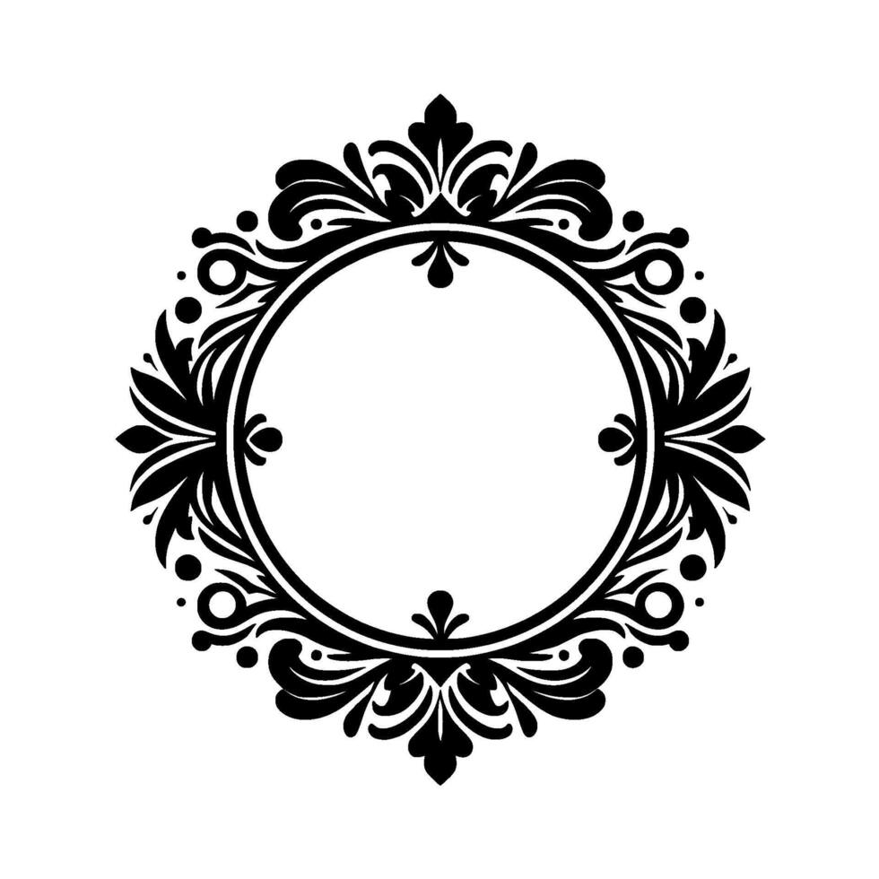 Ornate black and white circular frame design, featuring intricate floral and leafy motifs, elegant and symmetrical on a plain white background. vector