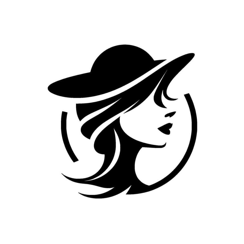 Elegant silhouette a stylized womans profile with a hat, framed in a circular design, showcasing a timeless, sophisticated aesthetic. vector