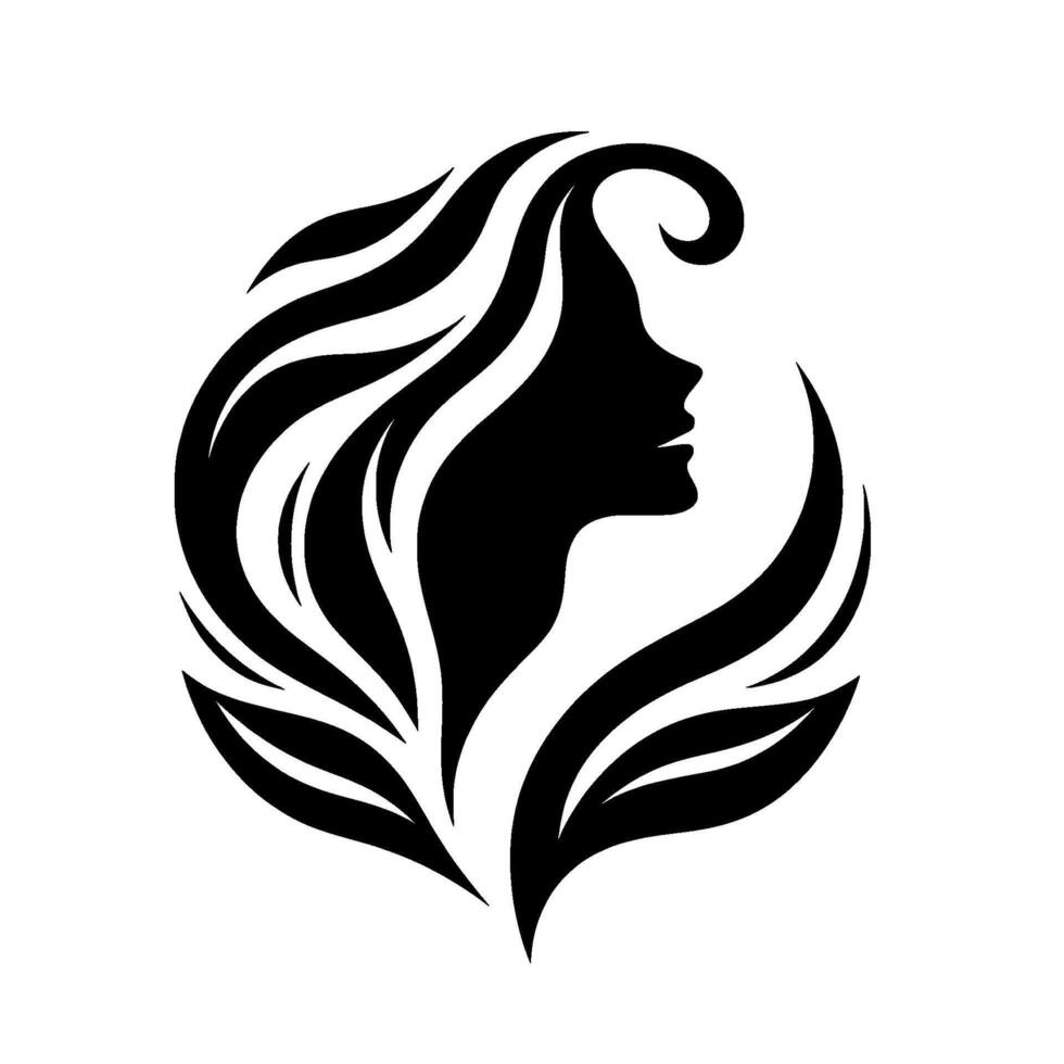Elegant silhouette of a womans profile framed by flowing hair and leaflike elements, symbolic of grace. vector