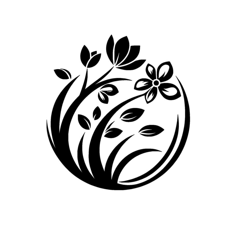 Monochrome floral circle elegant black and white illustration of blooming flowers, leaves, and stems, enclosed within a stylized circular frame, evoking natural beauty. vector