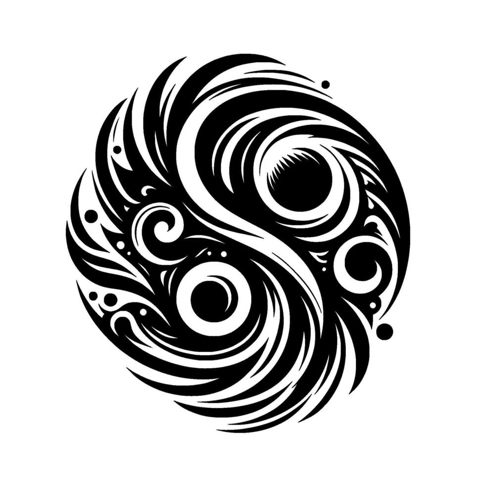 Intricate yin yang design, swirling patterns and tribal elements rendered in bold black and white, expressing balance and harmony. vector