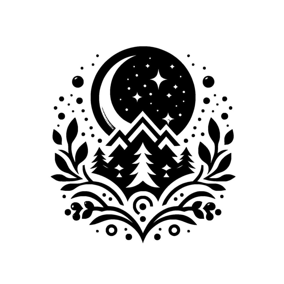 Celestial nightscape serene black and white illustration with crescent moon, stars, mountains, forest, and floral embellishments, capturing tranquility. vector