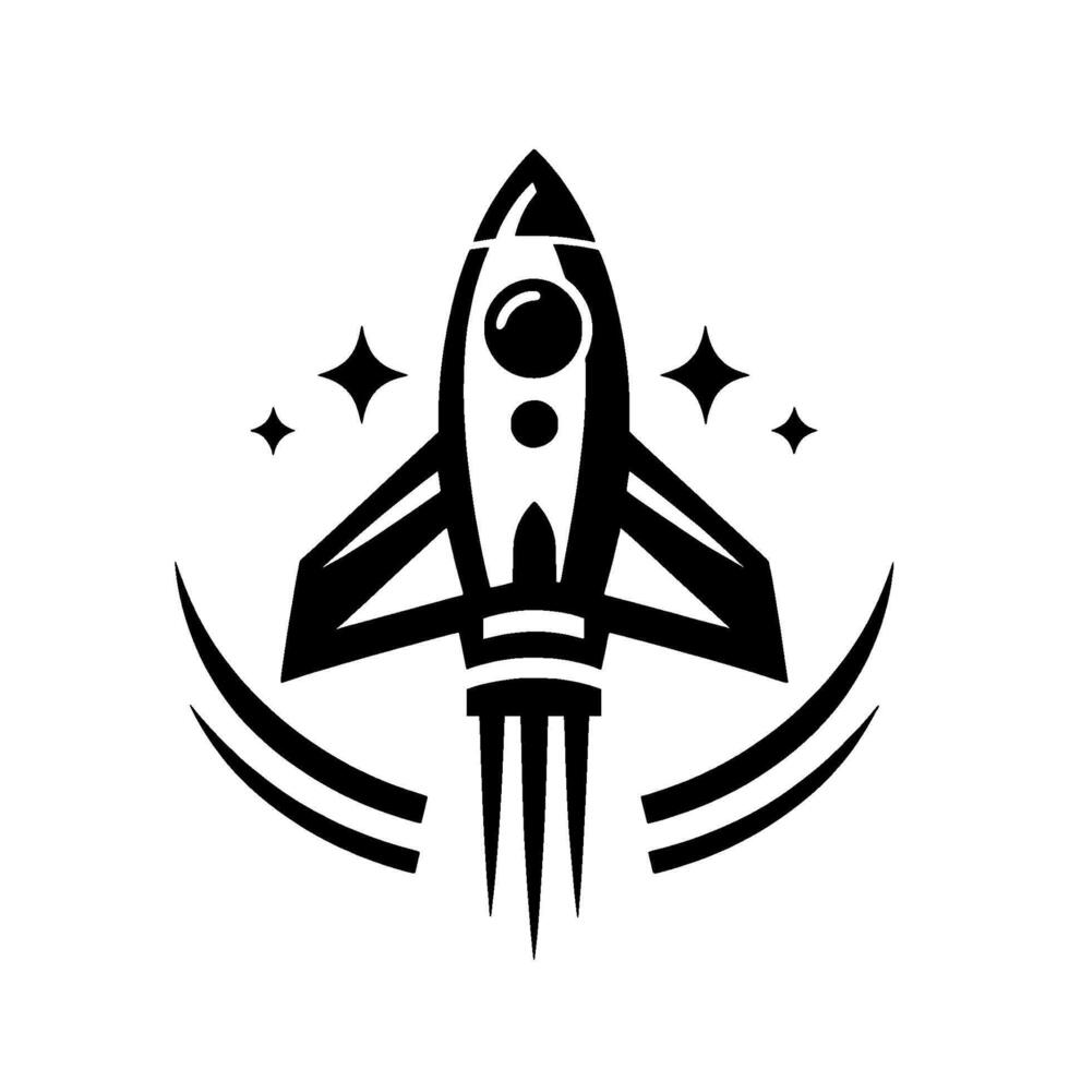 Minimalist black and white rocketship featuring stars and curved trails, evoking space exploration and futuristic themes. vector
