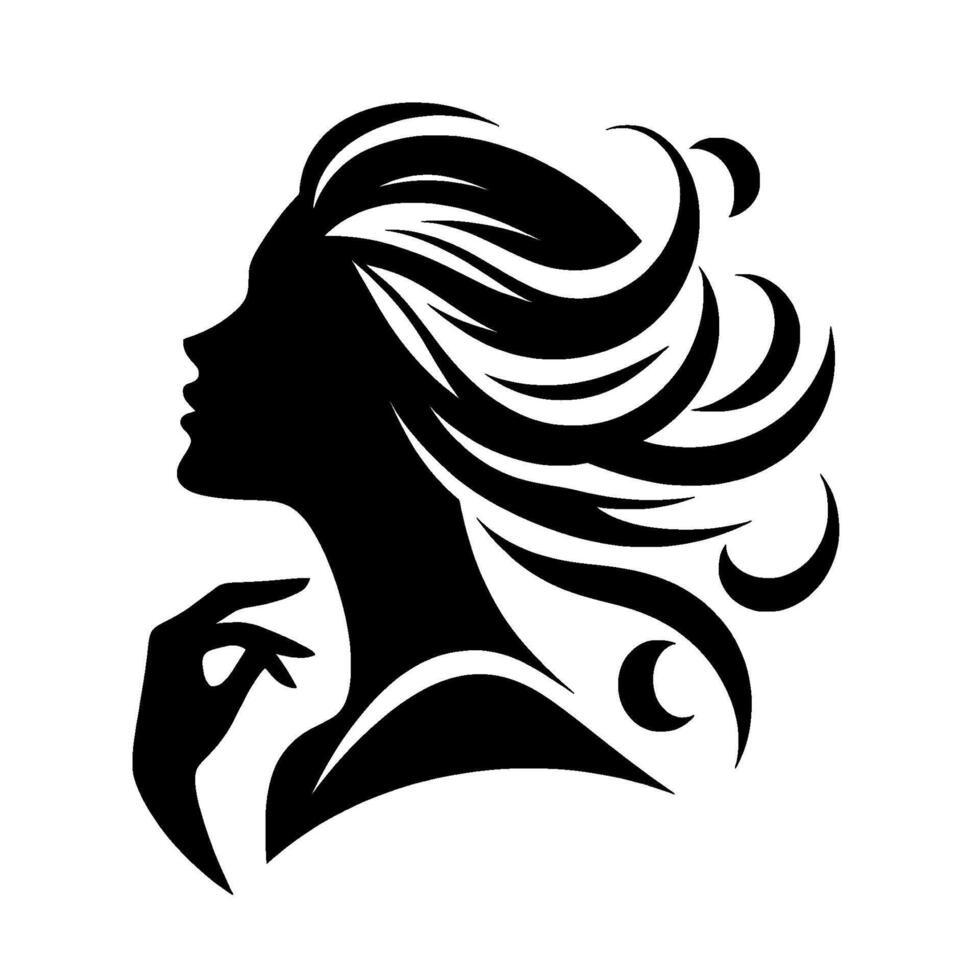 Silhouette of a woman with flowing hair and a hand to her chin, rendered in stark black and white, creating an elegant and mysterious aesthetic. vector