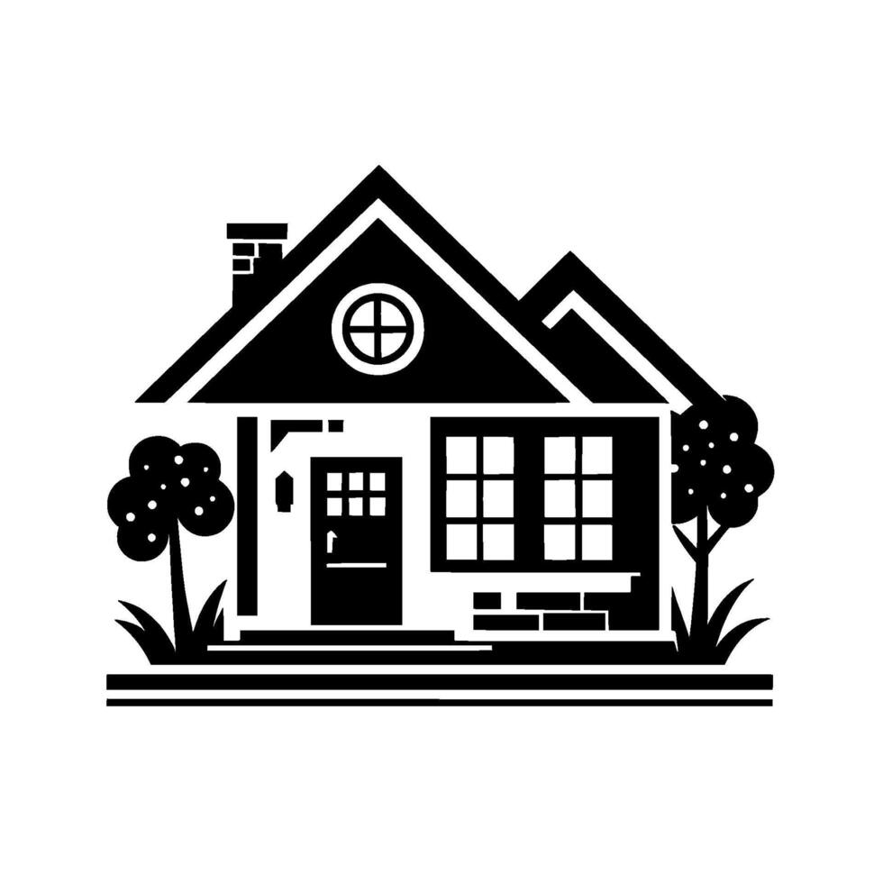 Minimalist black and white illustration of a house with a circular window, chimney, trees, door, and windows, evoking simplicity. vector