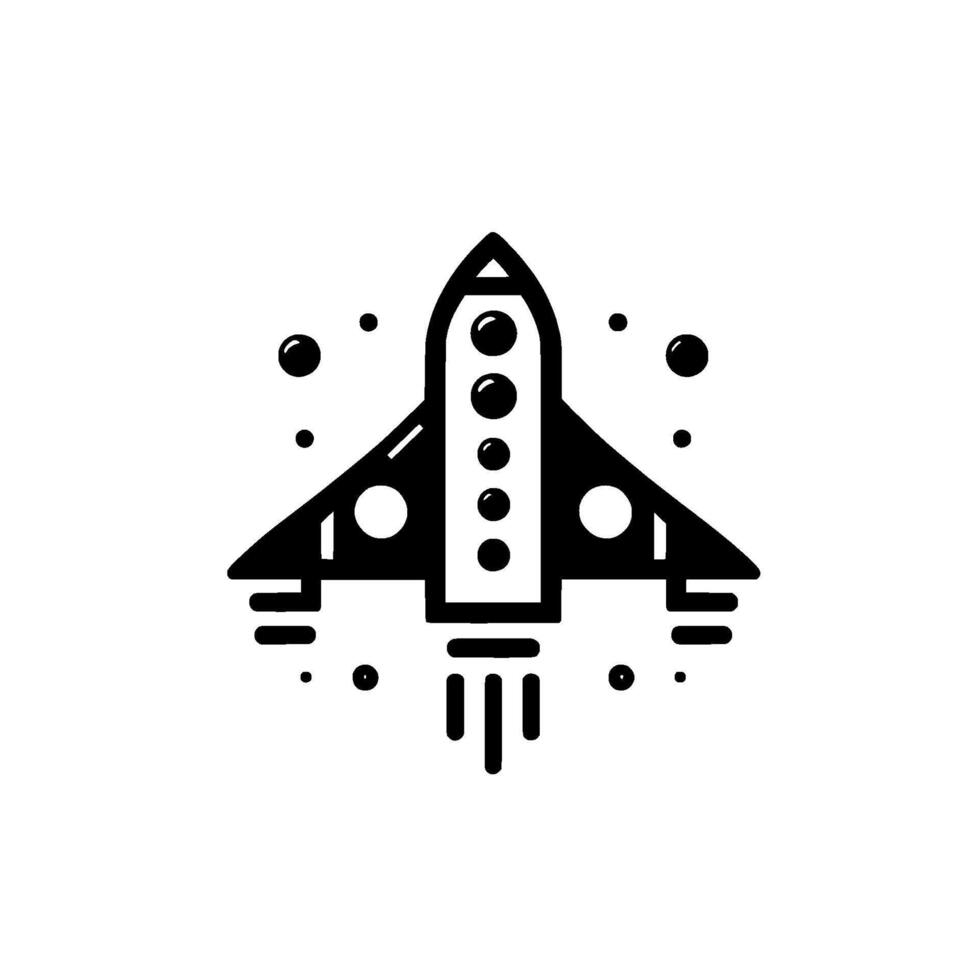 A minimalist black and white illustration of a rocket ship taking off, surrounded by stylized stars. vector
