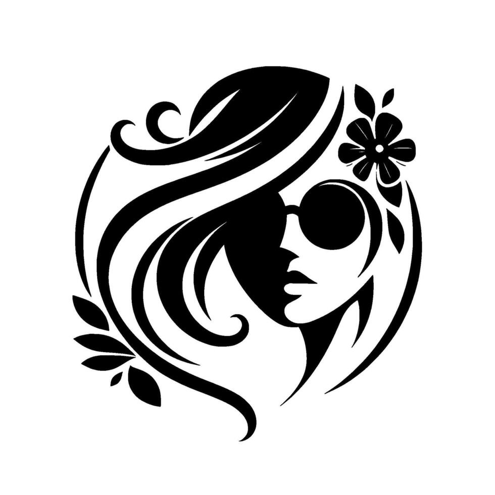 Elegant silhouette of a woman with flowing hair, sunglasses, and a floral accent, composed in a circular design. vector