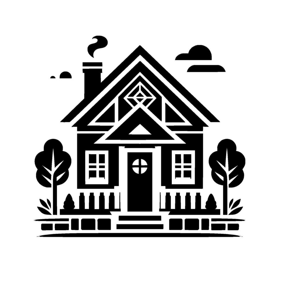A minimalist black and white illustration of a charming house, complete with trees, clouds and a fence, evoking a sense of serene simplicity. vector