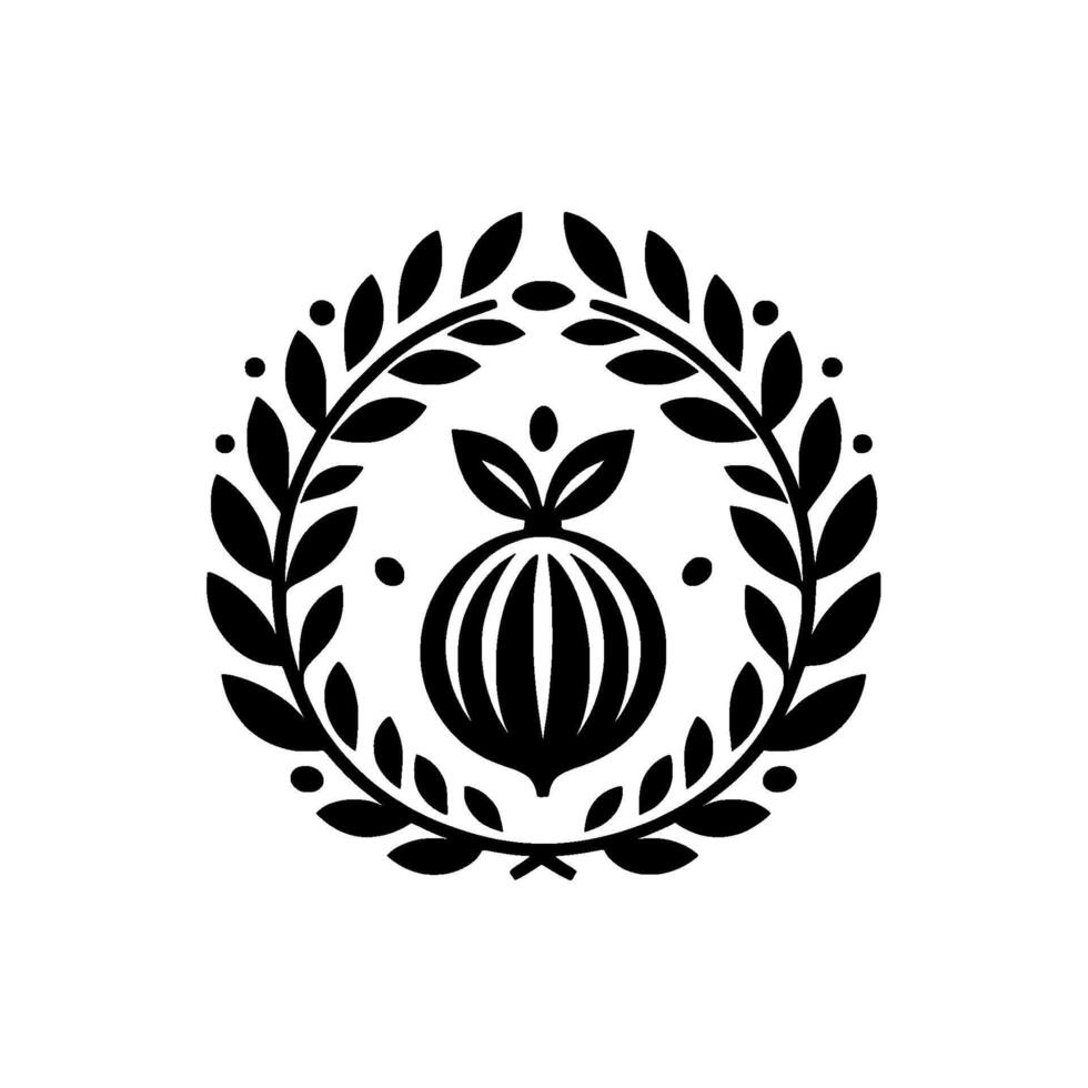 Minimalist black and white circular emblem featuring a stylized fruit with leaves, encircled by a laurel wreath, on a white background. vector