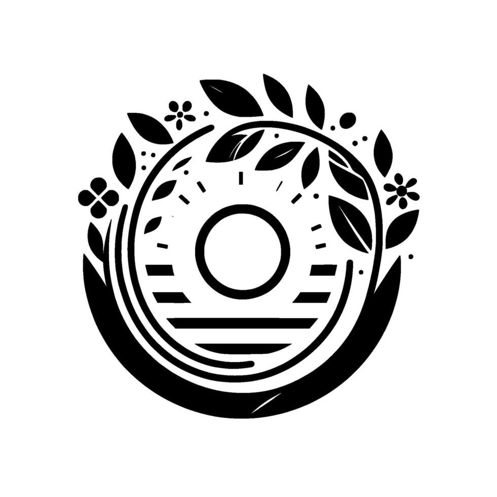 Minimalist circular featuring a central circle, surrounded by floral and leaf elements, sunbeams, and a layered line design, all rendered in black and white. vector