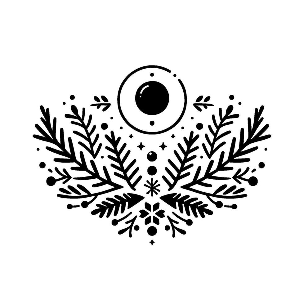 A symmetrical minimalist black and white featuring a central eyelike orb, surrounded by stylized branches, dots, and snowflakelike motifs. vector