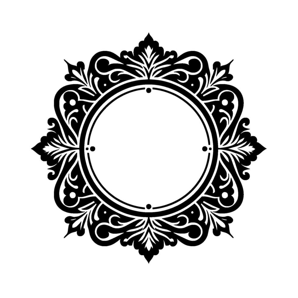 Intricate black and white circular floral ornament with a central empty circle, decorative edging, and elegant on a white background. vector