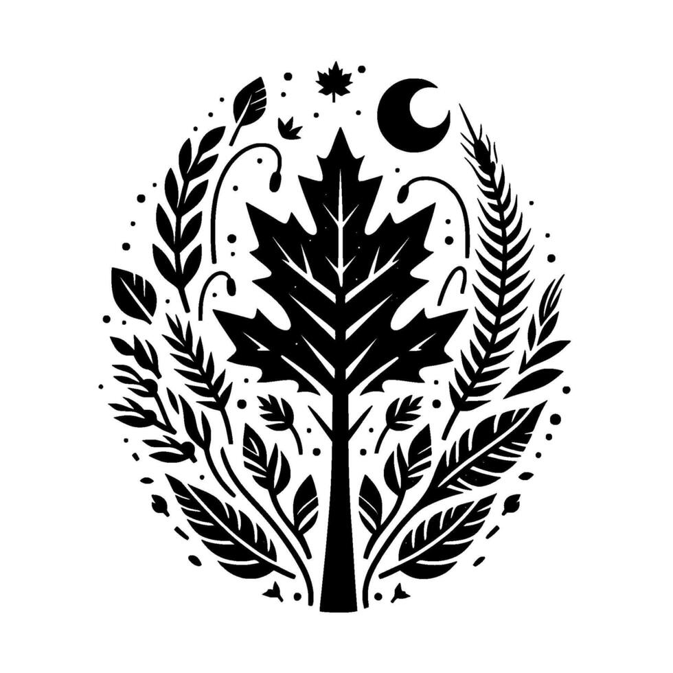 An oval black and white illustration featuring a central stylized tree composed of a maple leaf with surrounding foliage, dots, and a crescent moon. vector