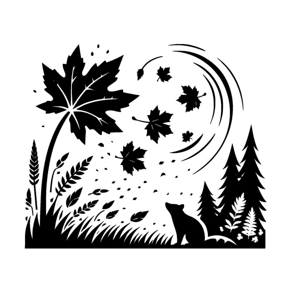 Black and white illustration of a bear observing autumn leaves swirling in the wind near a forest, showcasing natures beauty. vector