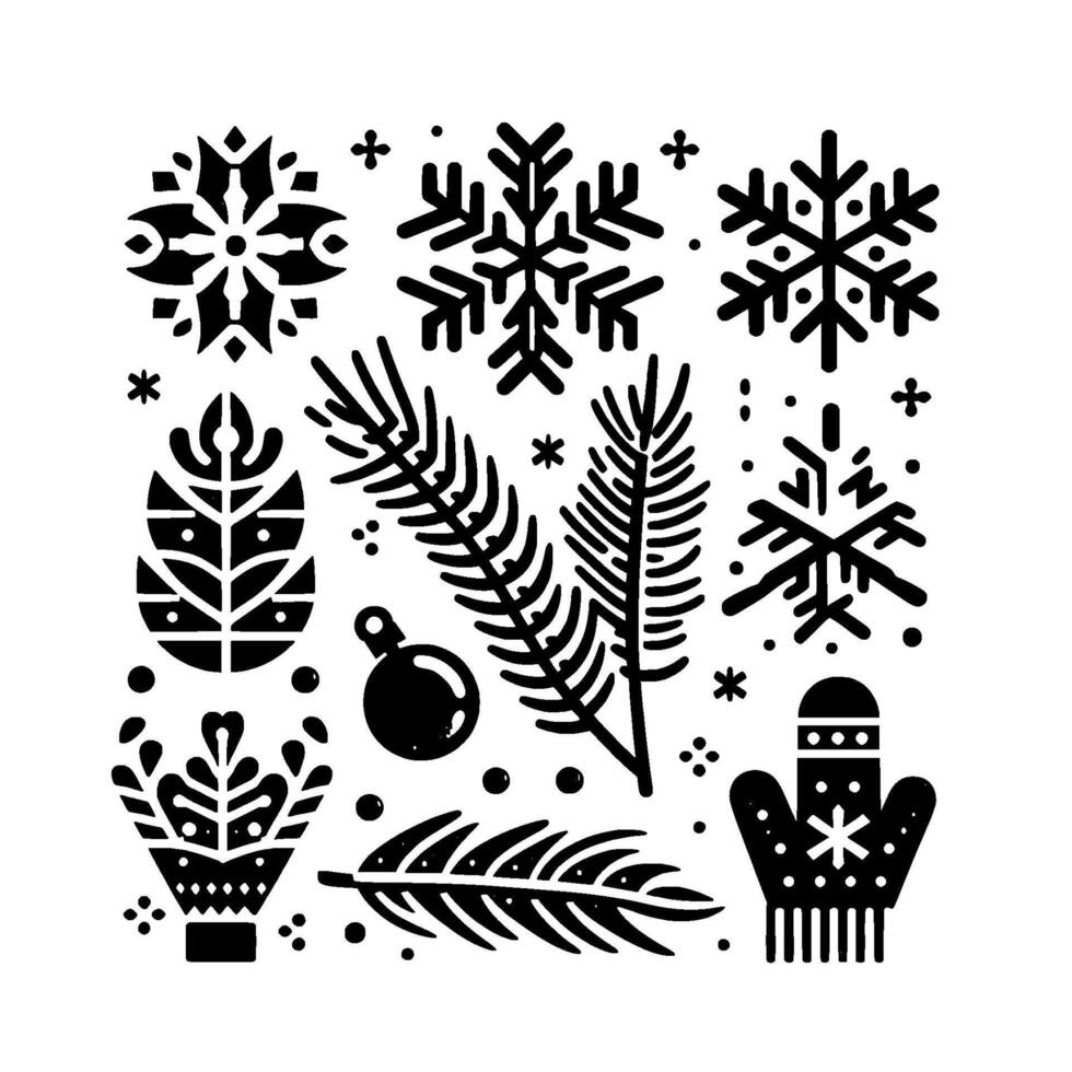 A festive black and white collage winter holiday elements, snowflake, mittens, pine, and ornament icons, festive and patterned composition vector