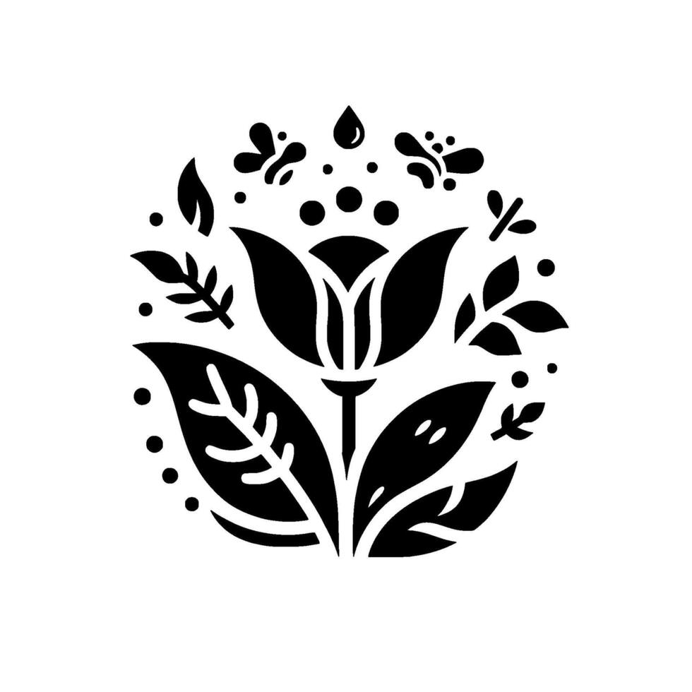 A symmetrical, stylized floral emblem composed of black flower petals, leaves, and decorative elements arranged against a white background. vector