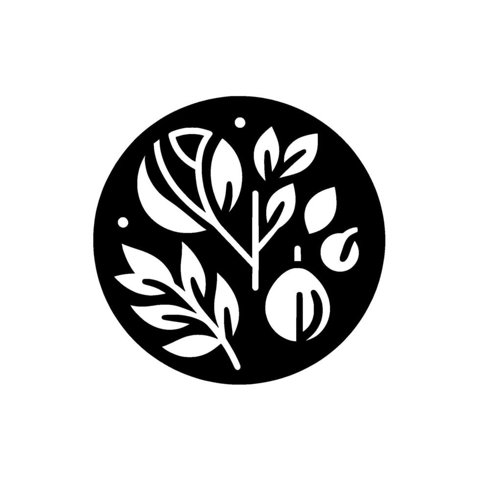 Minimalist black and white emblem featuring botanical elements, leaves, berries, and a circular frame, modern design. vector