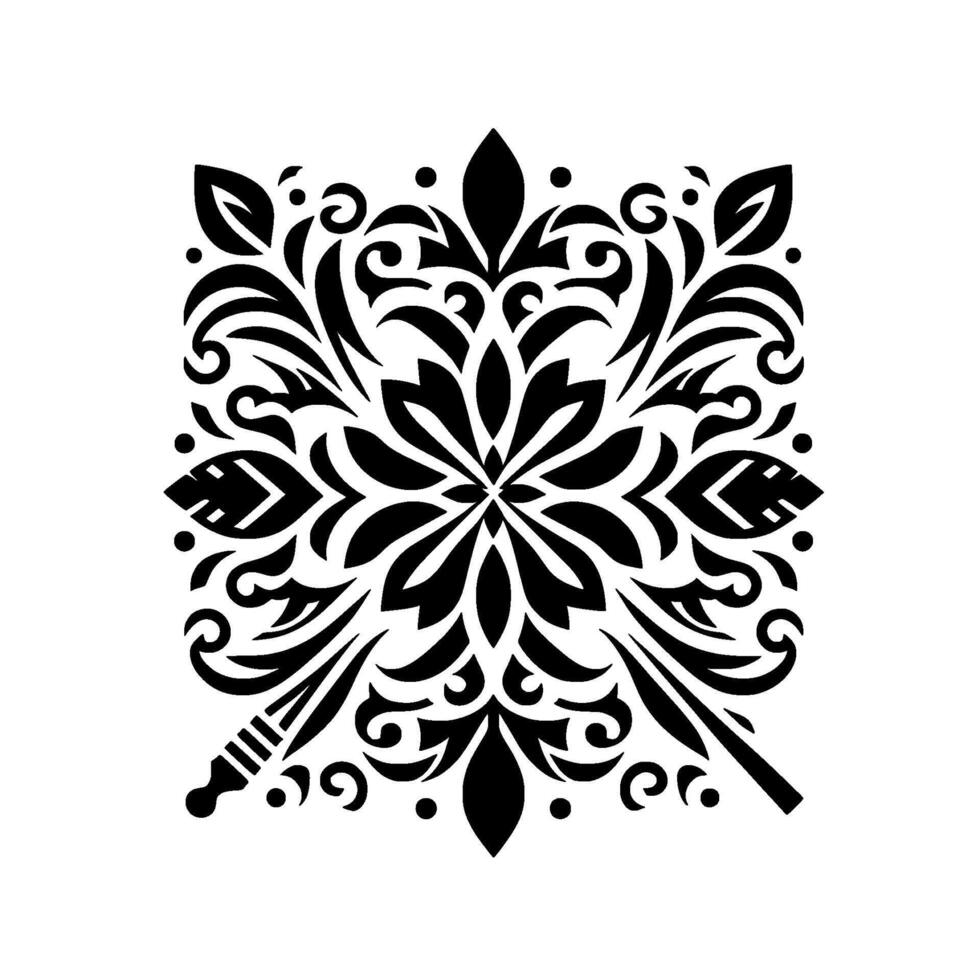 Symmetrical black floral on white intricate pattern of leaves, vines, and ornate elements, creating a decorative, square composition. vector