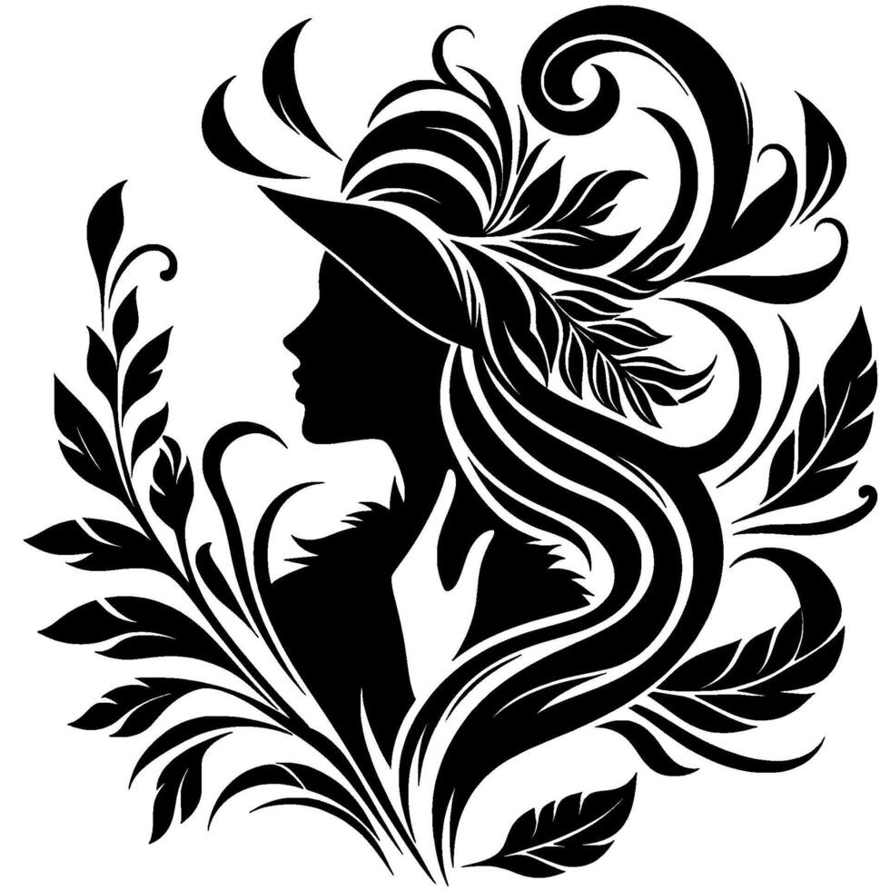Elegant silhouette a woman in a hat and floral arrangement, a black and white illustration exuding sophistication. vector