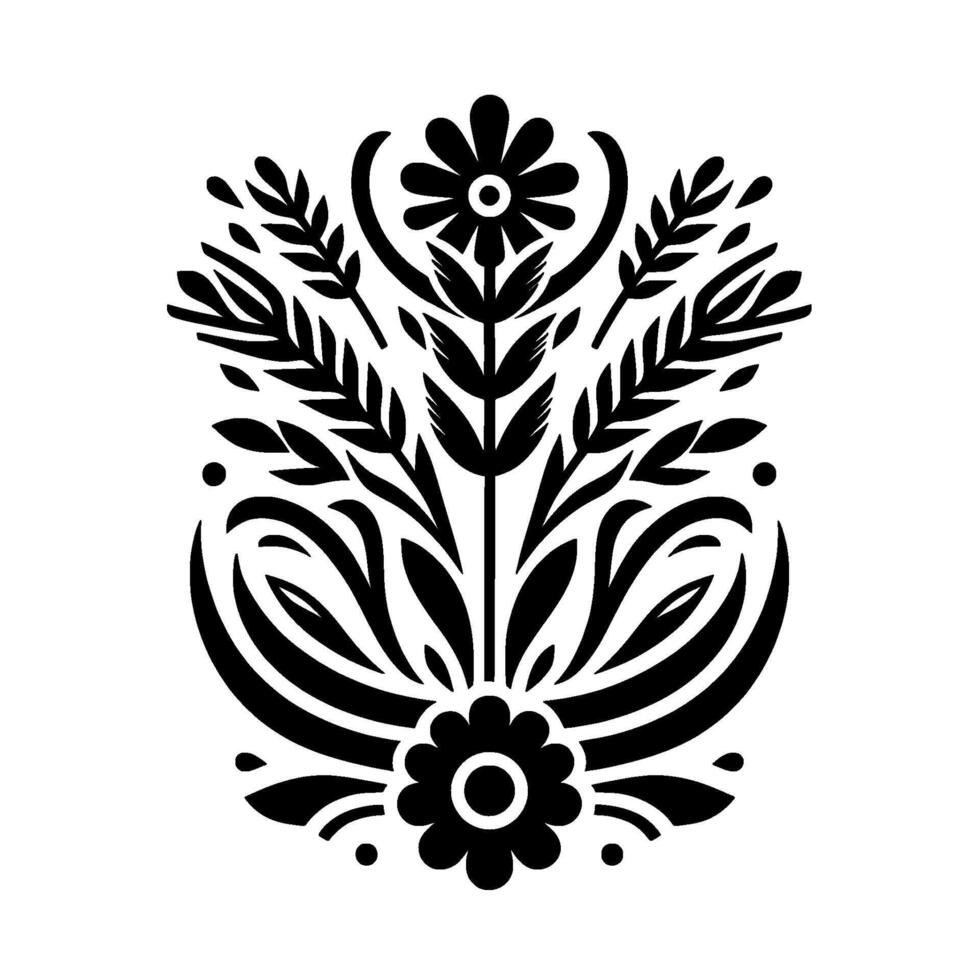 Symmetrical floral emblem in stark black and white, featuring stylized flowers, leaves, and decorative elements, creating a bold and design. vector