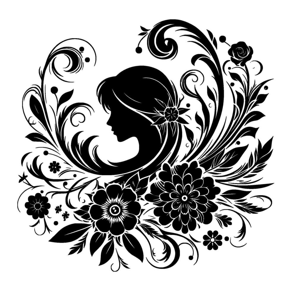 Silhouette of a woman amidst floral elements, swirls, and leaves, in a black and white, elegant, and feminine design. vector