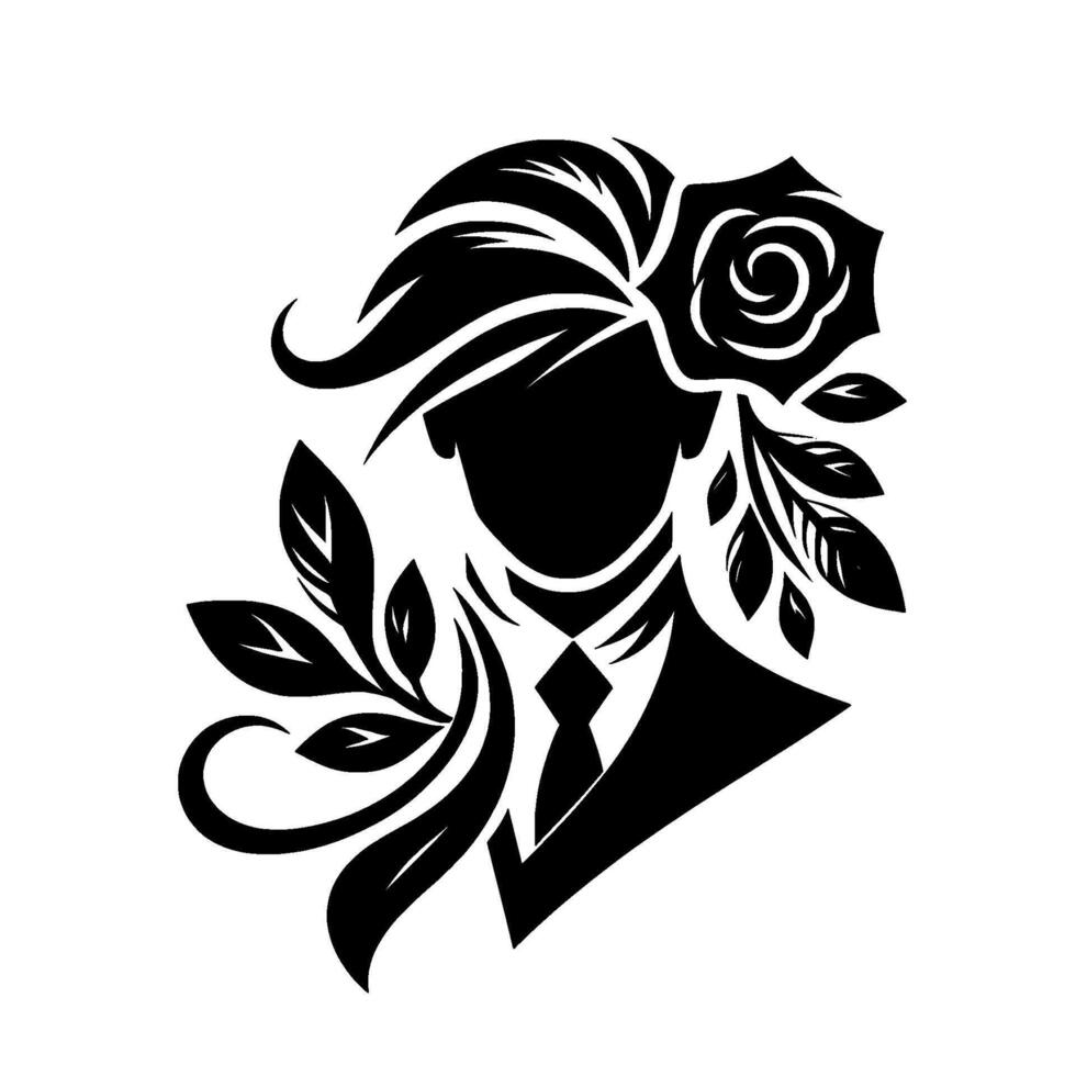 A minimalist black and white illustration of a person in a suit adorned with floral and leafy elements, creating a sophisticated and artistic portrait. vector