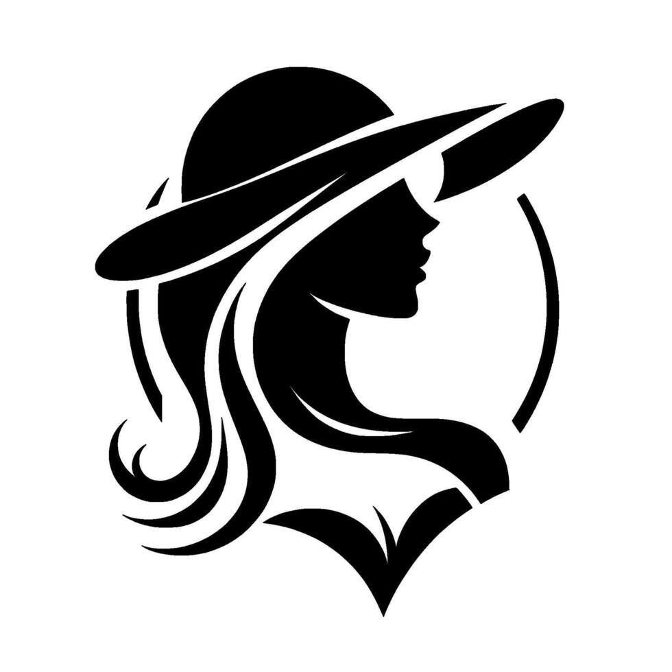 Elegant silhouette a woman in a hat, profile view, gracefully framed with flowing hair, in a modern minimalist design. vector