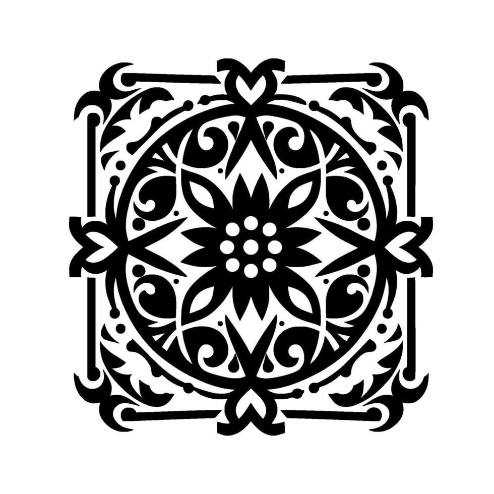 Intricate black and white floral mandala within square frame, detailed symmetry, ornamental leaves curves on white background. vector