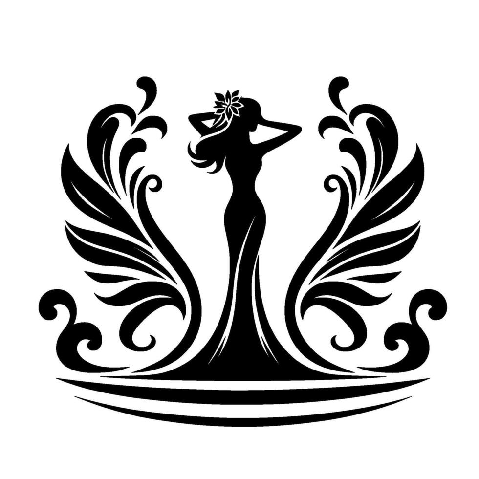 Elegant silhouette a longgowned woman adorned with a flower in her hair, framed by flowing, decorative black foliage on white. vector