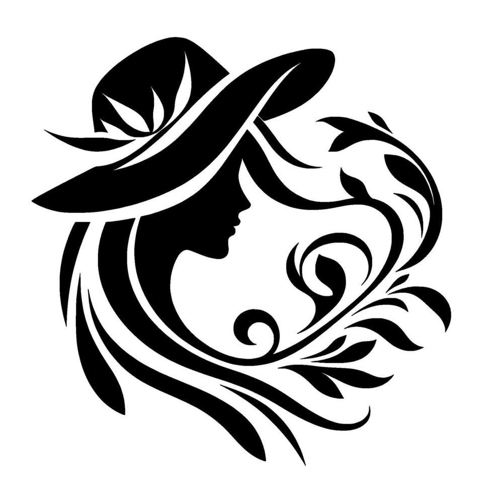 Silhouette of a woman with long flowing hair, wearing a widebrimmed hat, encircled by stylized floral and leaf design, in black and white. vector