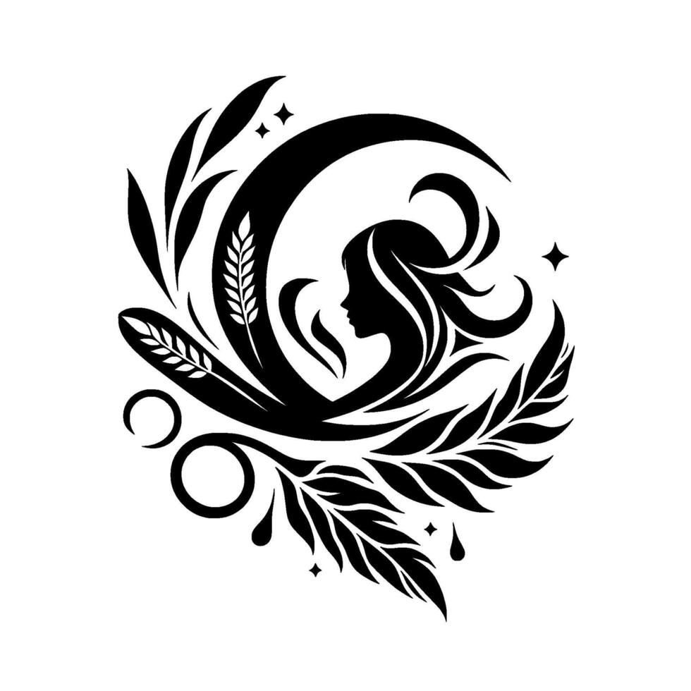 Serene silhouette of a woman within a crescent moon and botanical embrace in monochrome, symbolizing natures beauty vector