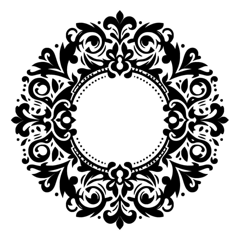 Intricate black floral frame with ornate swirls and dots on white background for elegant elements. vector