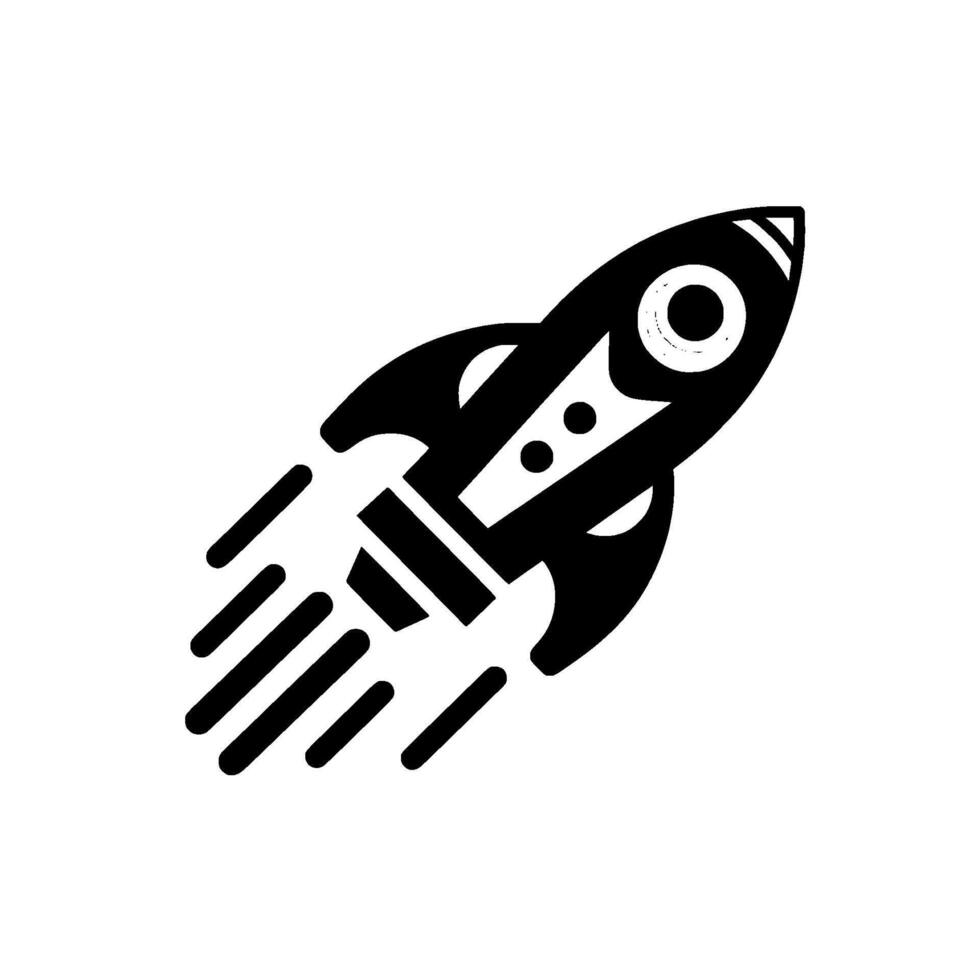 A stylized black and white rocket ship icon, depicted in midflight, emitting propulsion trails, against a clean white background. vector