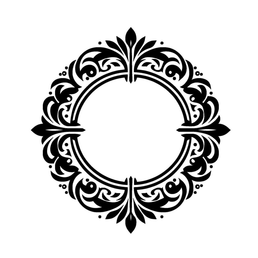 Ornate black and white circular frame with decorative floral swirls, leaves, and dots, isolated on white for elegant design. vector