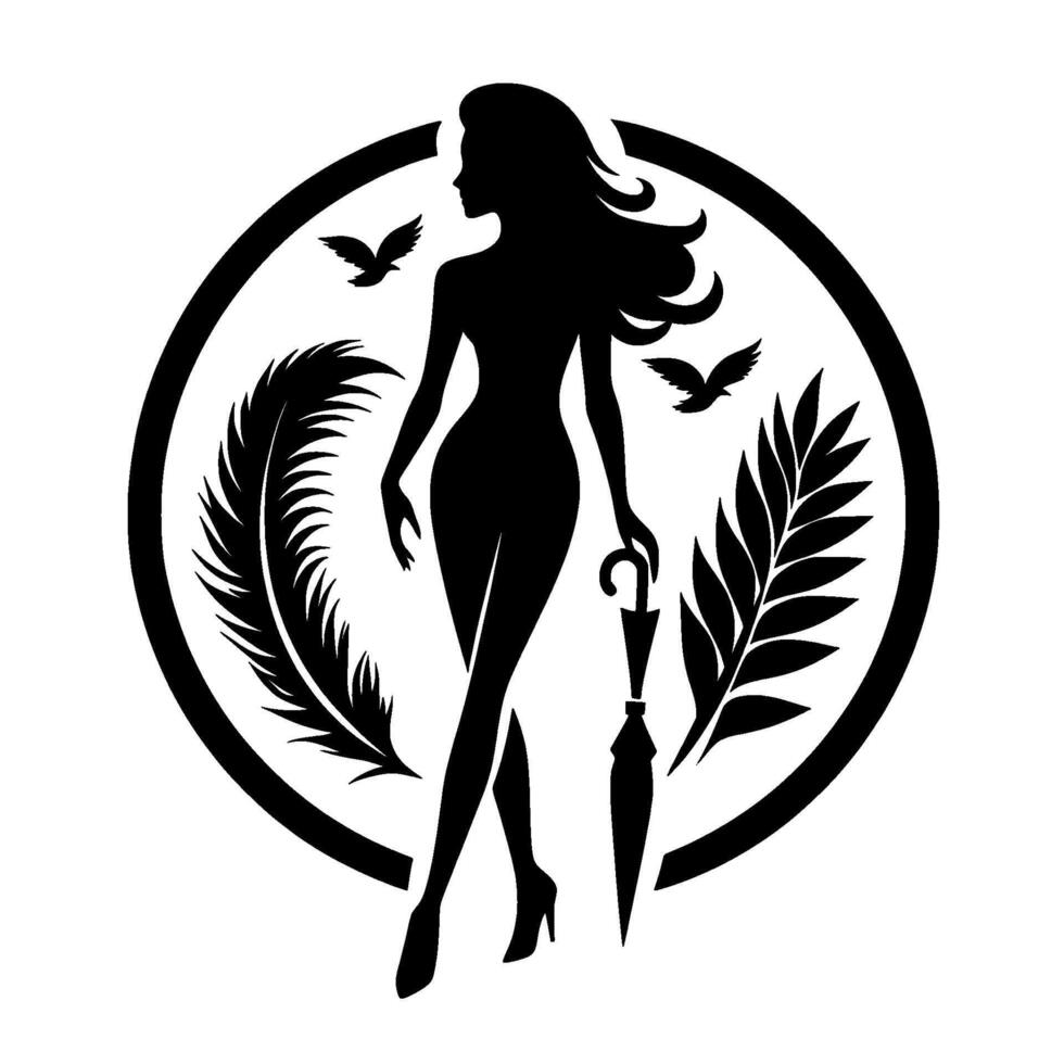 A black silhouette of a stylish woman with flowing hair, umbrella, and floral elements, framed by a circle, birds add a touch of natures beauty. vector