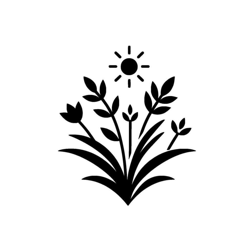 A monochrome illustration of stylized flora a sun shines above a cluster of leaves, buds, and grass in a and minimalist style. vector