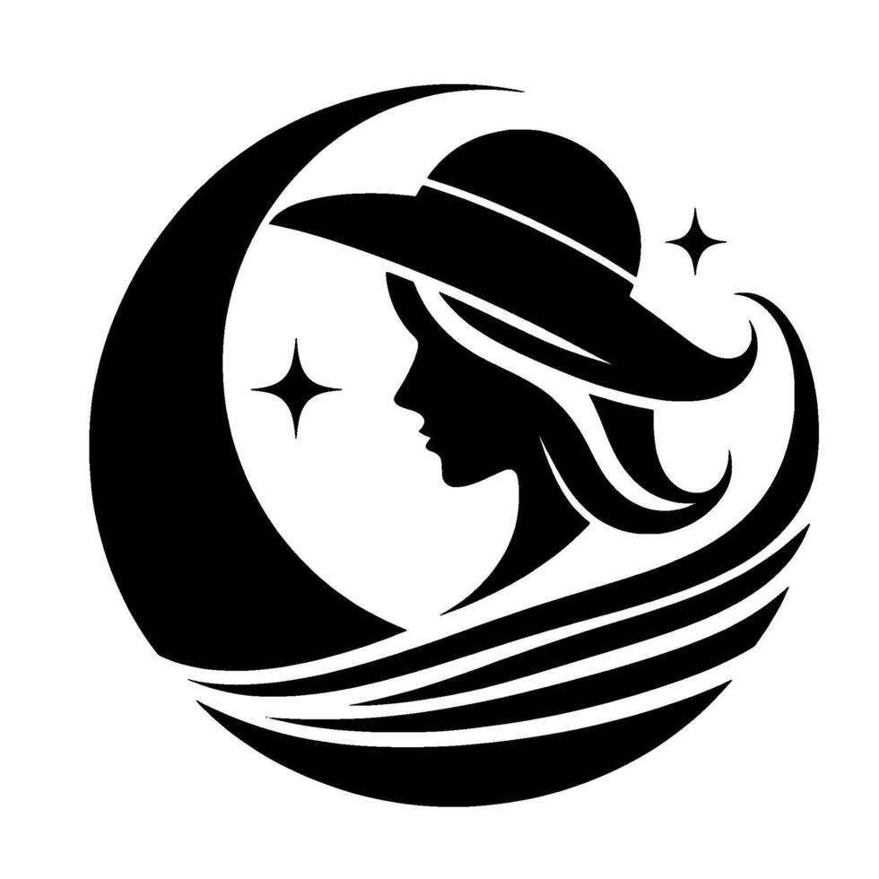 Silhouette of a woman in a sun hat, profile facing left, framed by a crescent moon, stars, and flowing lines, creating a serene and elegant design. vector