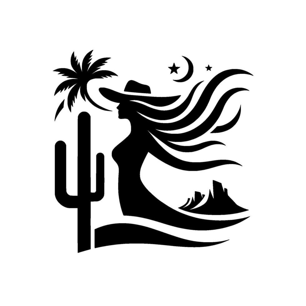 A silhouetted cowgirl in a hat with flowing hair, palm tree, cactus, desert landscape, stars and moon, in a minimalist black and white style. vector