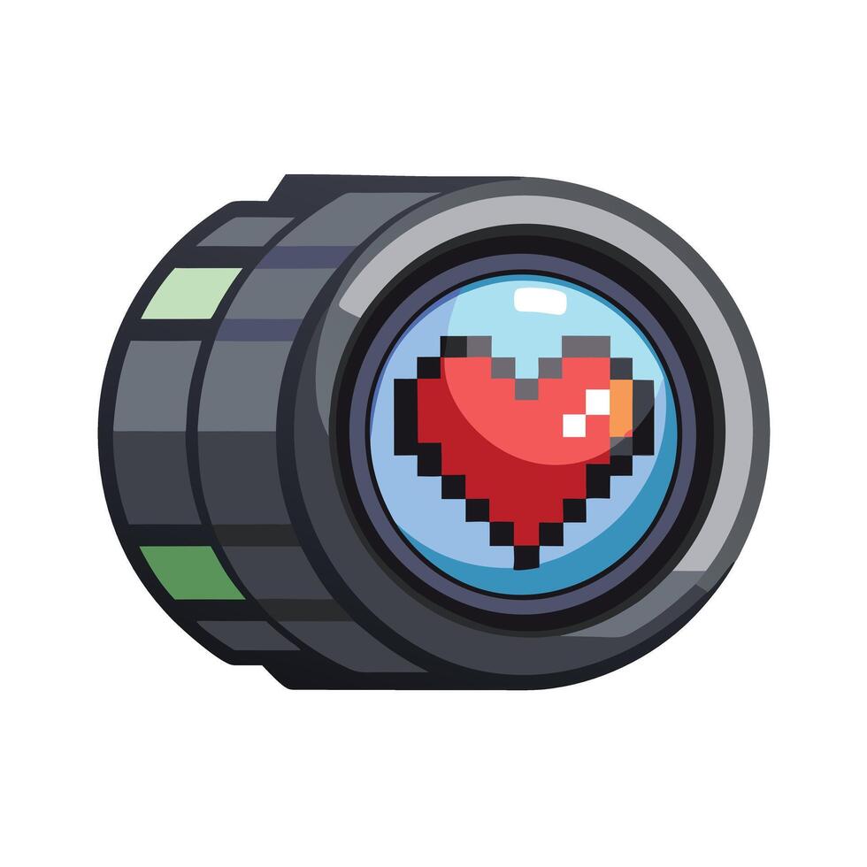 Sleek and Modern Camera Lens Icon with Futuristic Pixelated Heart Design vector