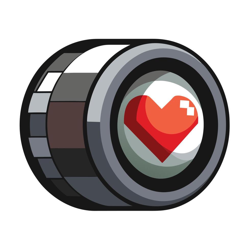 Stylized Camera Lens Icon with Pixelated Heart and Modern Design Elements vector