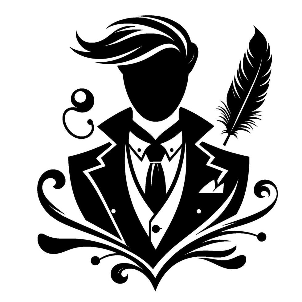 Silhouette of a dapper gentleman in a tuxedo, complete with feather quill and stylized decorative flourishes, signifying elegance and sophistication. vector