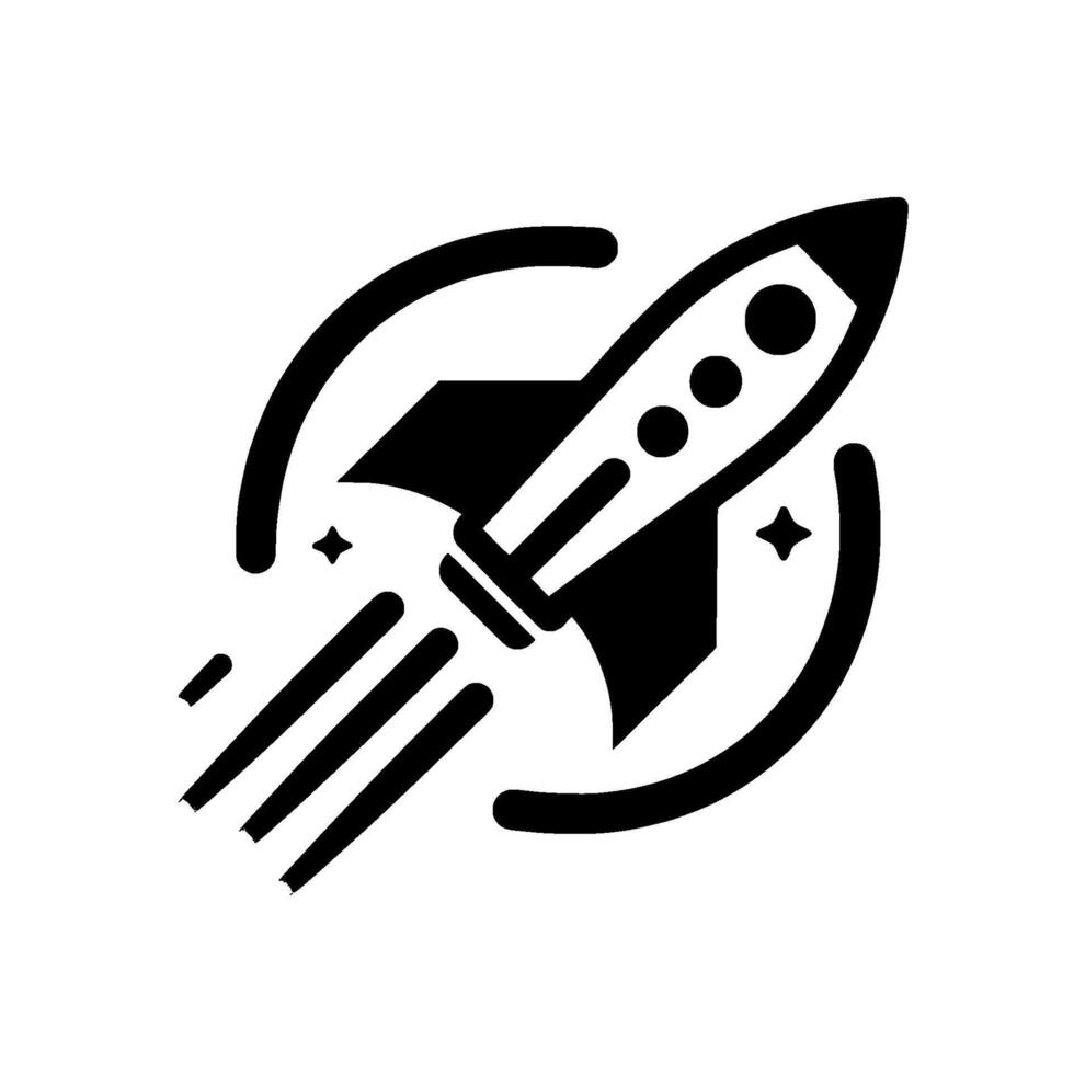 A bold black and white minimalist illustration featuring a rocket launching through a curved orbital design, symbolizing flight, innovation, and futuristic ambitions. vector