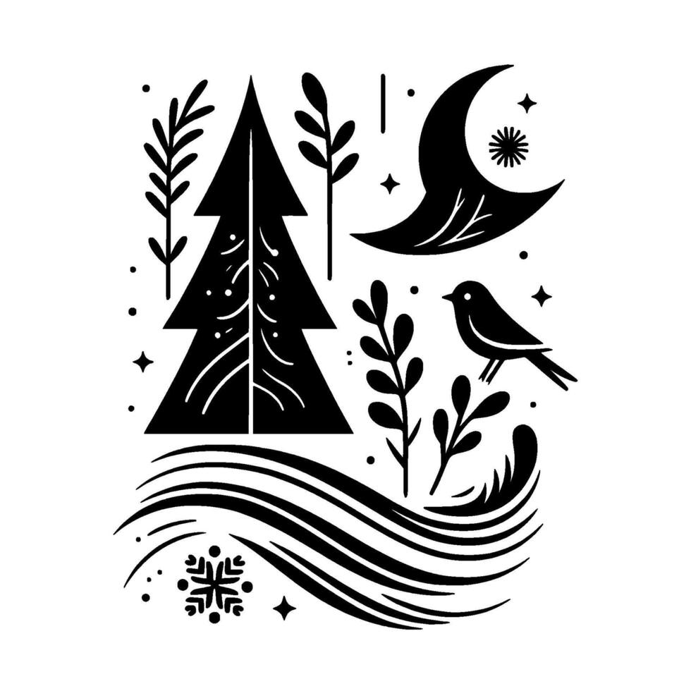 A stylized winter scene featuring a silhouette of a christmas tree, crescent moon, bird, and botanical elements in a black and white composition. vector