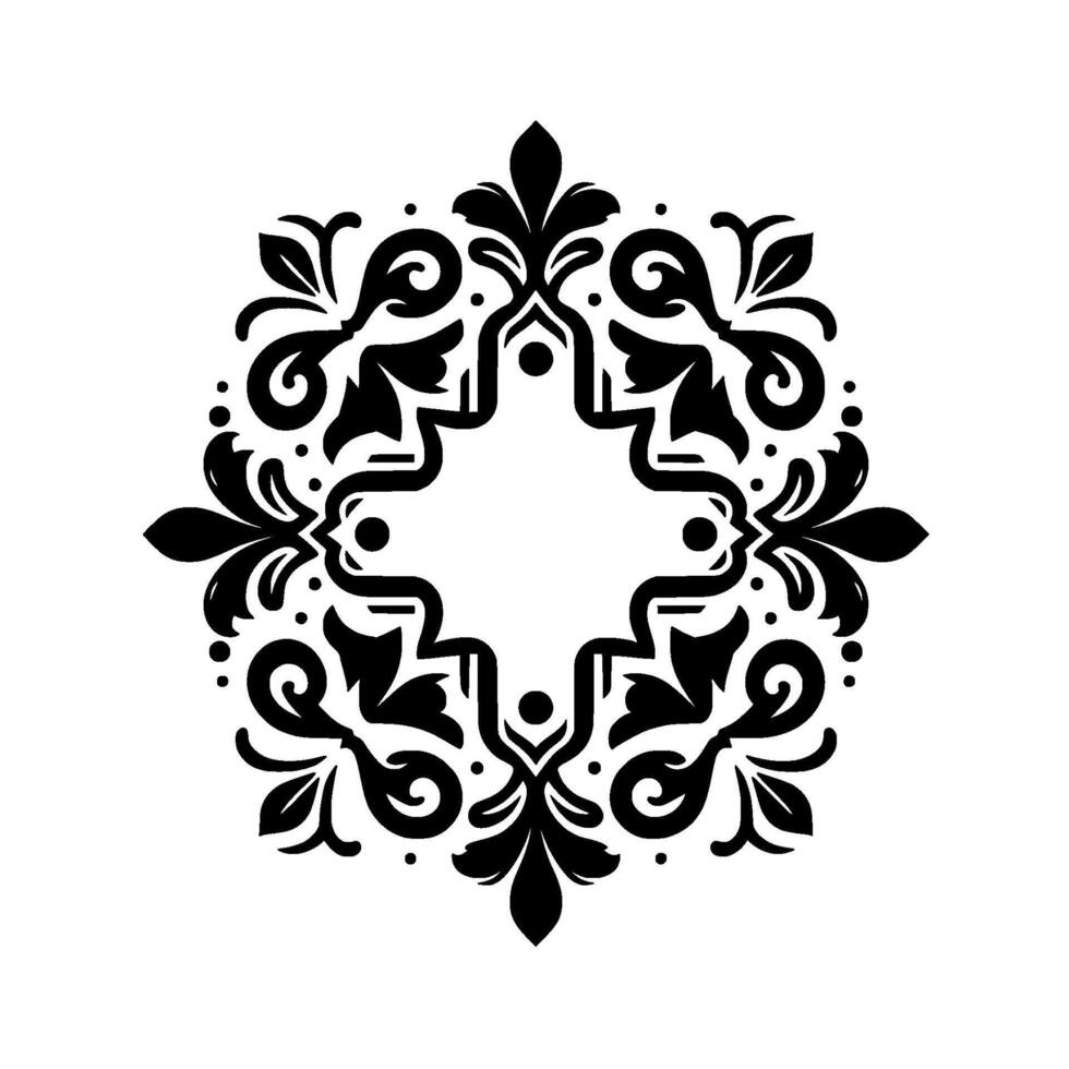 Symmetrical black floral ornament intricate with a central geometric shape and stylized floral elements, arranged in a balanced, monochrome composition. vector