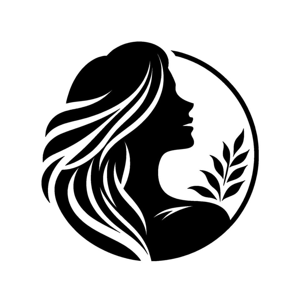Silhouetted profile of a woman with flowing hair and an olive branch, enclosed in a circular frame, evoking serenity and natural beauty. vector