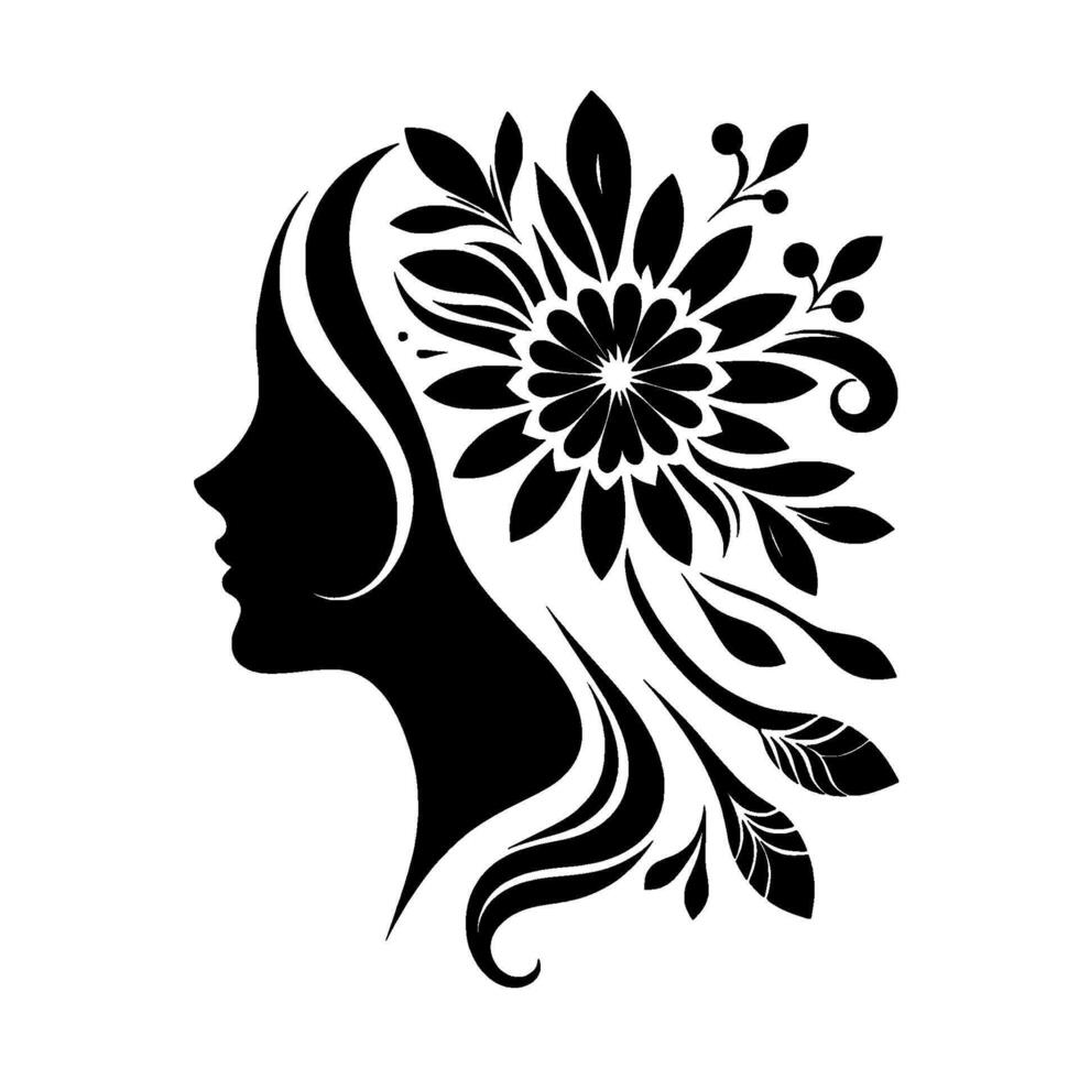 Elegant silhouette of a woman adorned with a floral headdress, black and white design, modern feminine artwork. vector