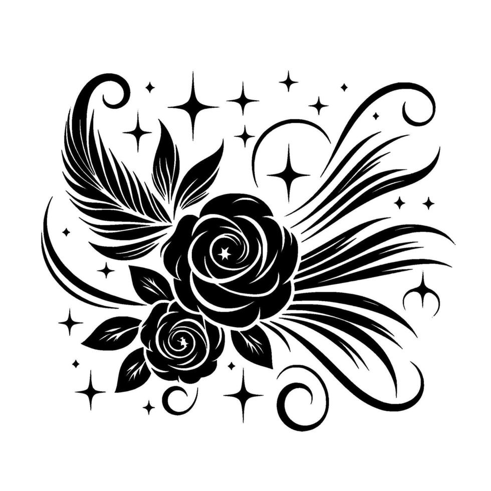 Intricate black and white floral with swirling lines, leaves, two roses, and twinkling star accents, evoking elegance and fantasy. vector