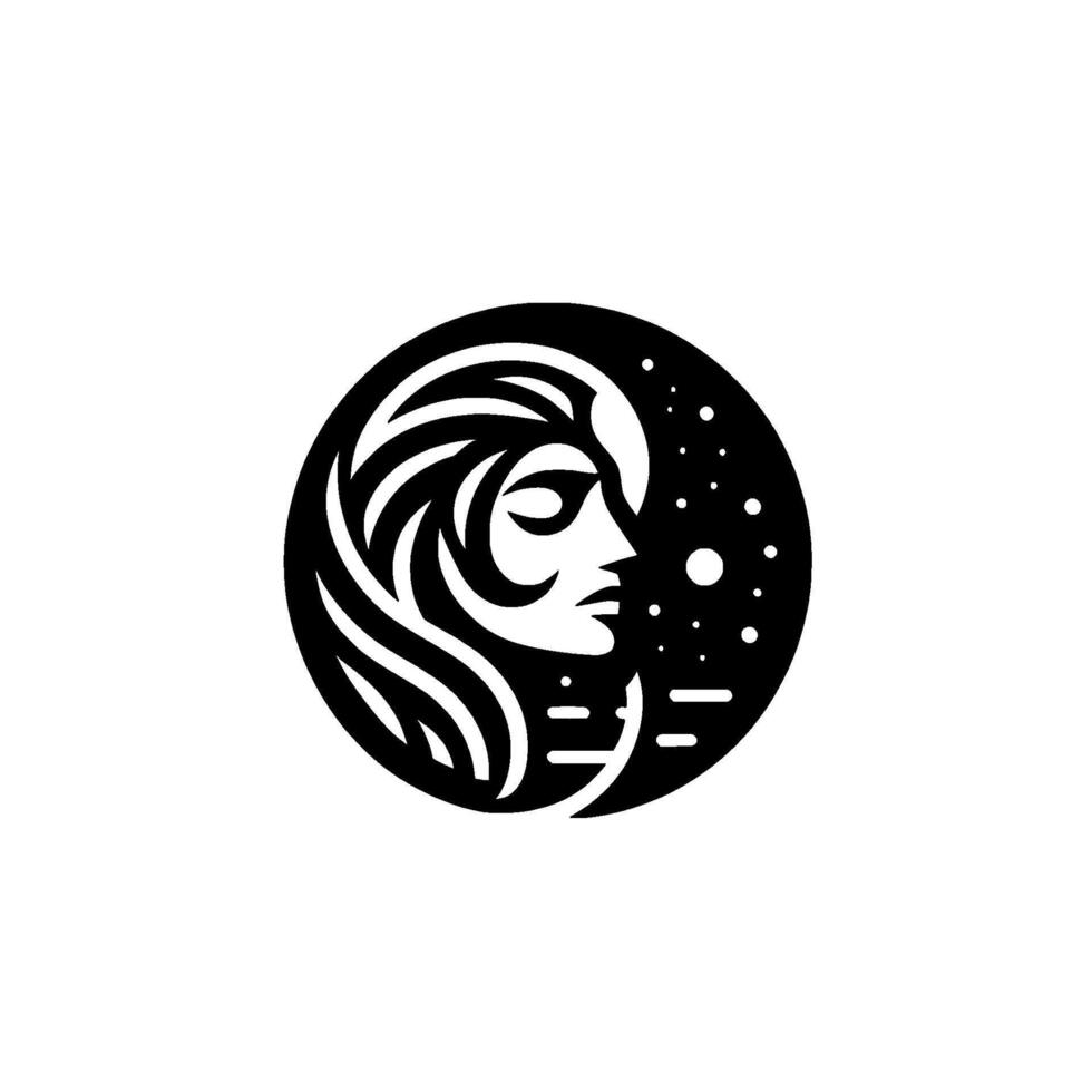 A stylized black and white featuring a womans profile within a circular frame, amidst stylized hair and a starry backdrop. vector